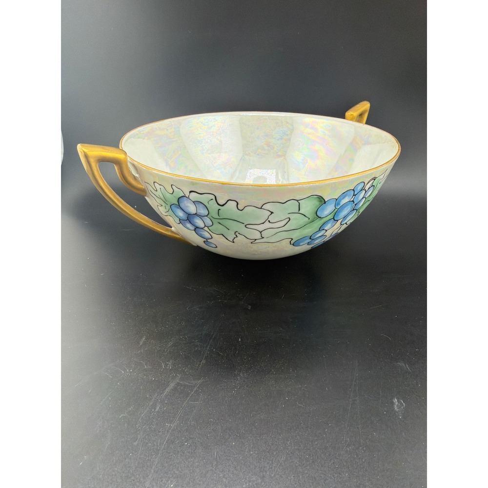 Vintage Signed Harrington Lusterware Bowl Blue Grapes Gold Handles Iridescent
